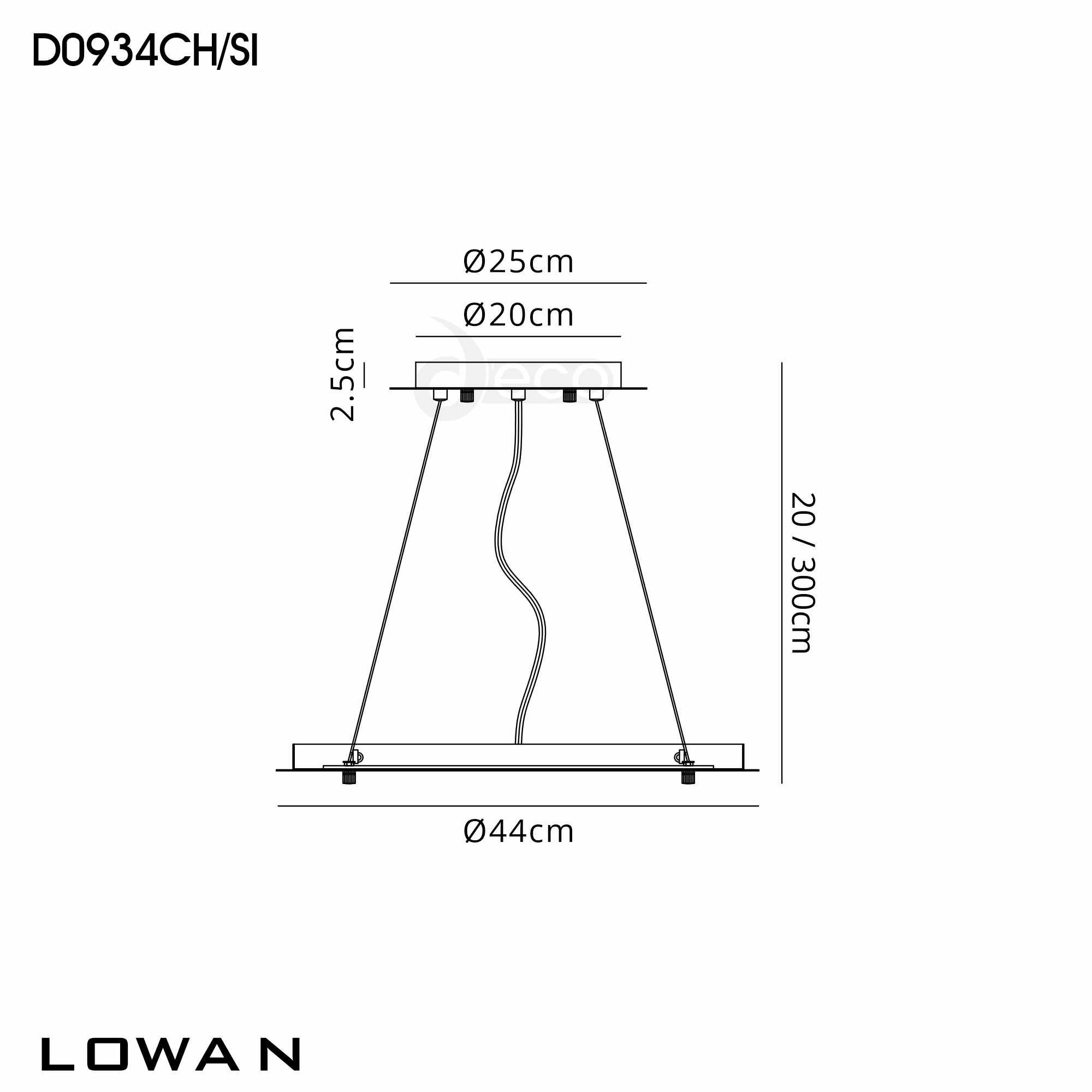 D0934CH/SI  Lowan 440mm, 3m Suspension Plate c/w Power Cable To Lower Flush Fittings, Polished Chrome/Silver Max Load 40kg (ONLY TESTED FOR OUR RANGE OF PRODUCTS)